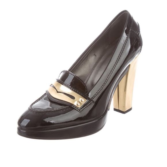 Hogan Black Patent Gold Detail Heeled Loafers - Picture 1 of 7
